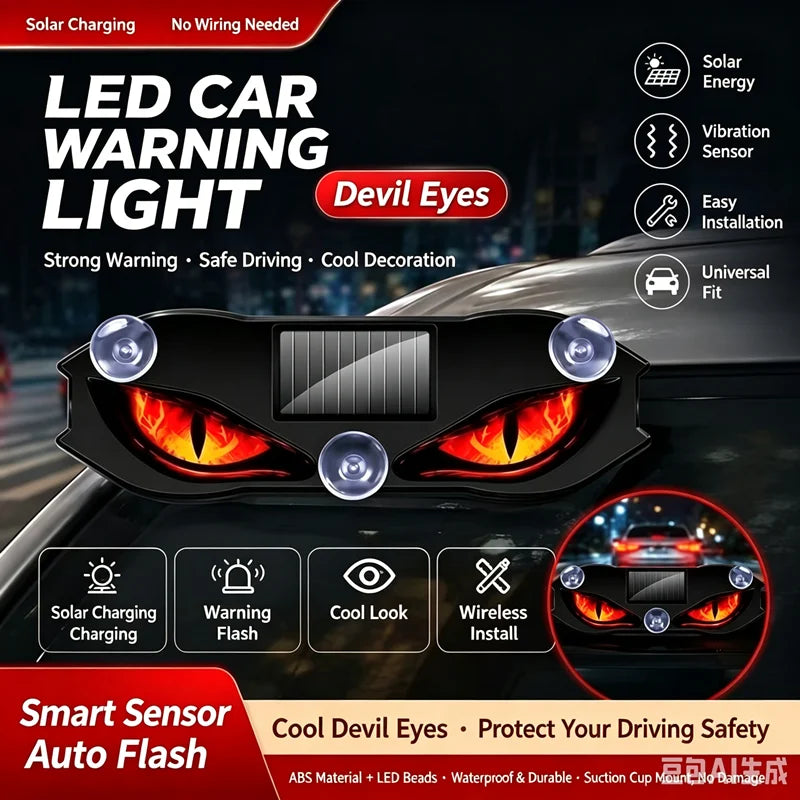 LED car warning light featuring devil eyes design installed on a vehicle's front bumper.