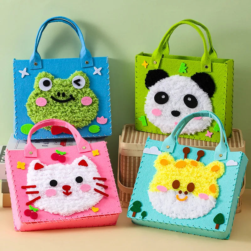 Three colorful felt animal bags featuring a frog, panda, and cat for a DIY sewing craft kit.