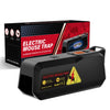 A black electric mouse trap box and device with a yellow warning label is shown.