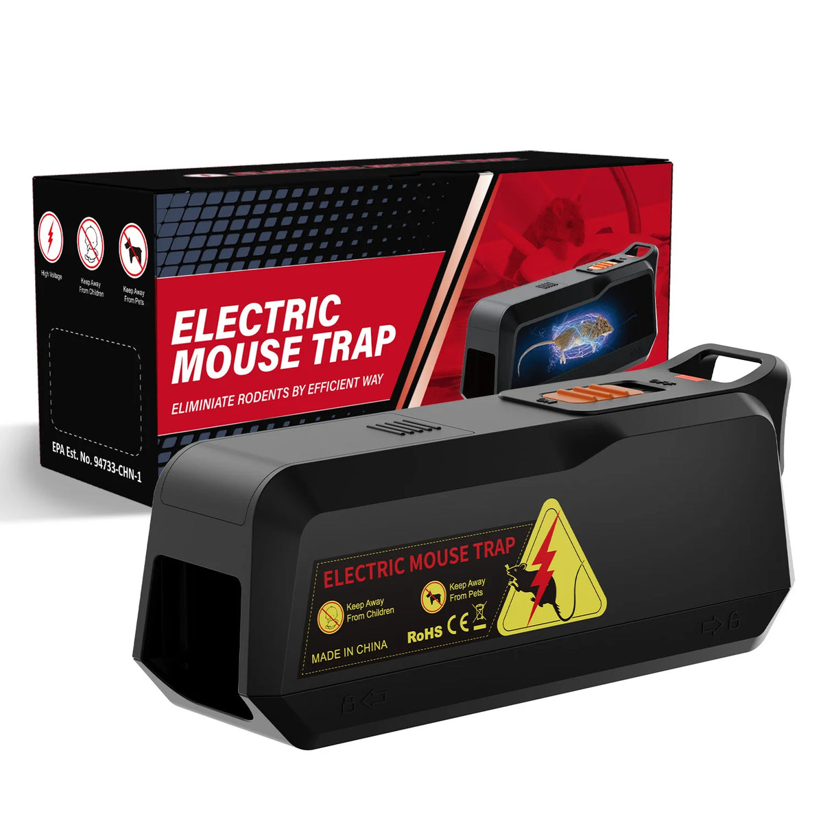 A black electric mouse trap box and device with a yellow warning label is shown.