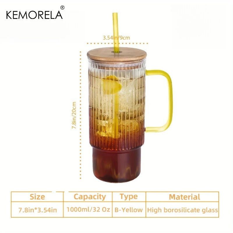 Vintage Ribbed Glass Tumbler with Bamboo Lid and Straw