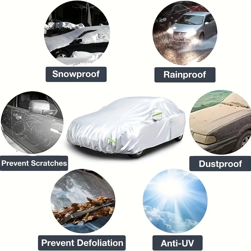 All-weather car cover protecting an SUV or sedan from snow, rain, dust, scratches, defoilation, and UV rays.