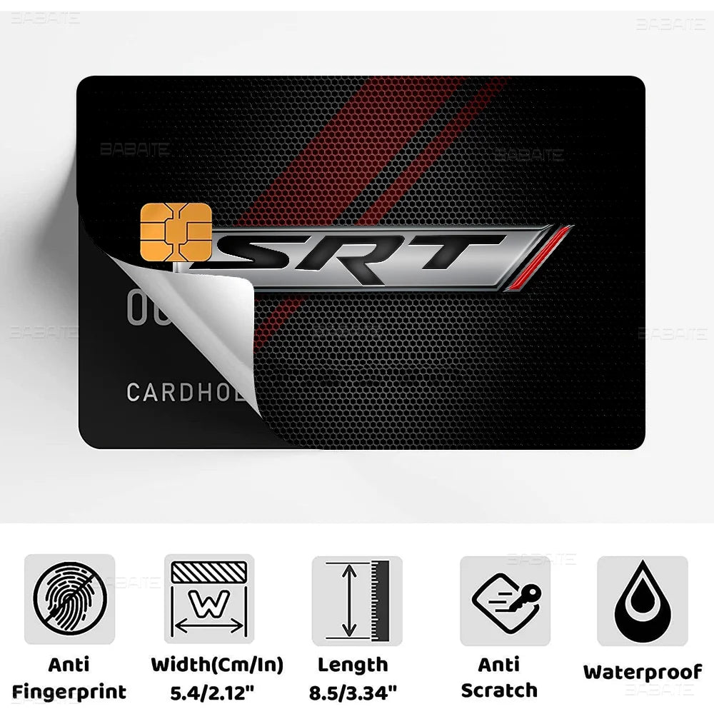 A black credit card skin cover featuring an SRT logo and various protective features like anti fingerprint, scratch protectio