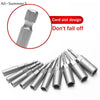 A set of stainless steel nut driver bits for drills and impact drivers, shown with a card slot design.