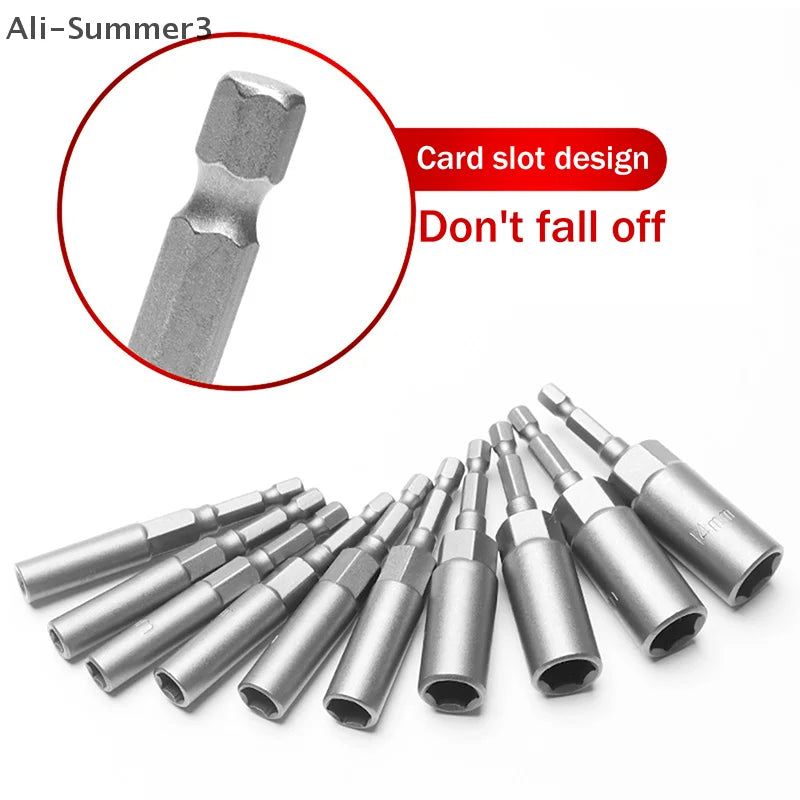 A set of stainless steel nut driver bits for drills and impact drivers, shown with a card slot design.
