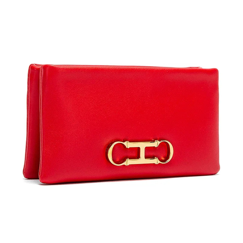 A red leather compact zipper wallet or clutch with a gold-toned logo.
