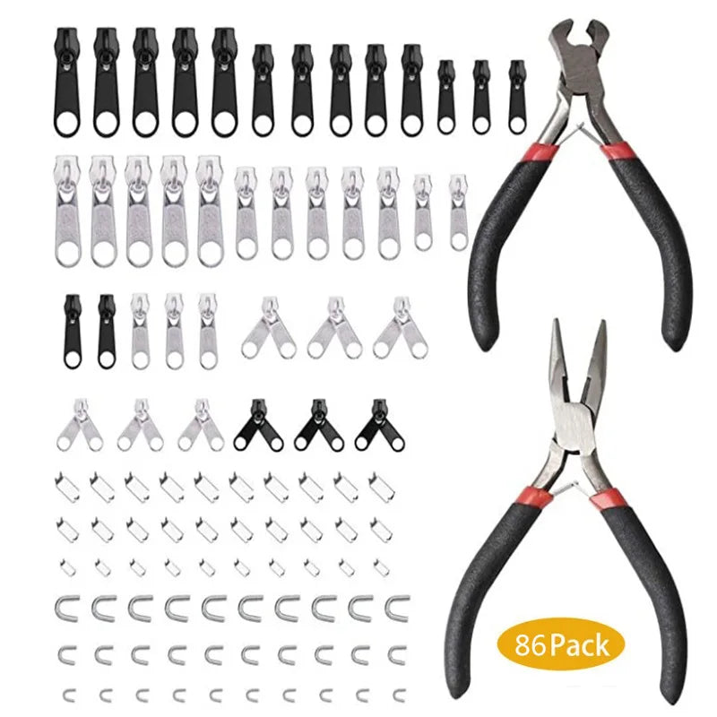 A set of universal zipper repair tools including pliers, cutters, and auto-lock sliders for various zippers.