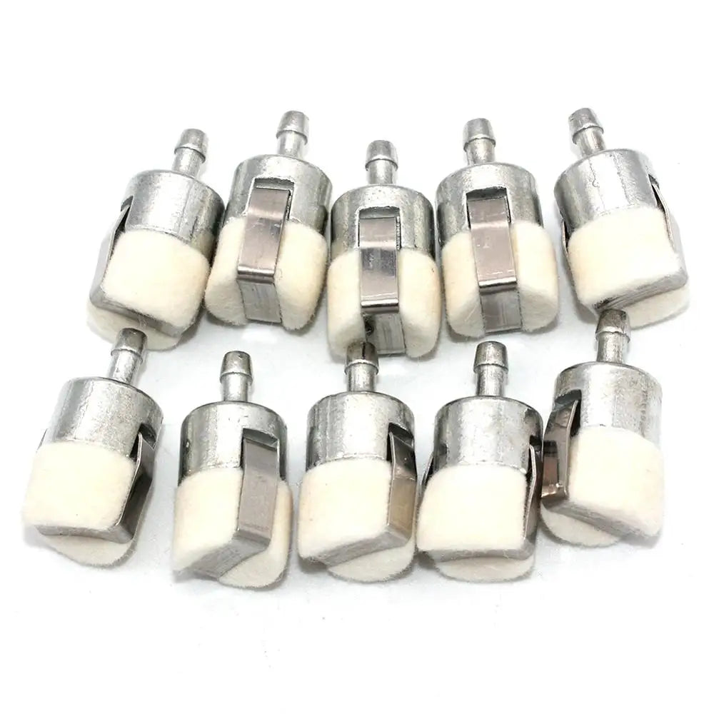 A set of replacement fuel filters for outdoor power equipment, featuring silver metal bodies and white plastic tips.