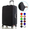 Black stretchy suitcase cover protector with a handle and various colored protectors shown on a rolling suitcase.