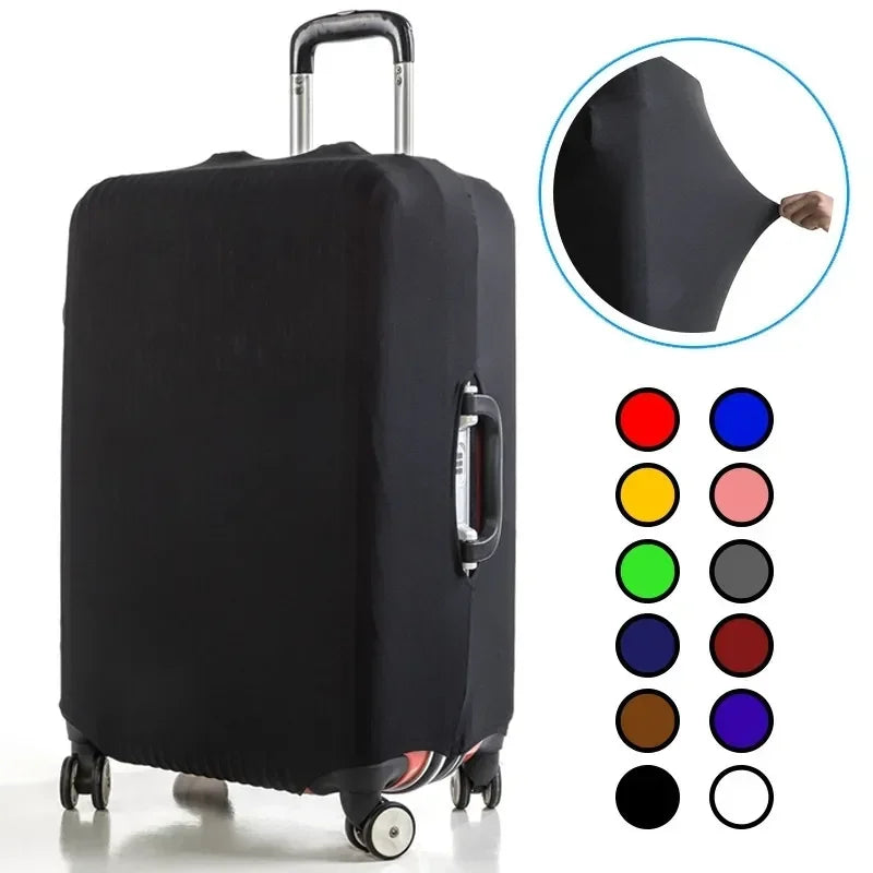 Black stretchy suitcase cover protector with a handle and various colored protectors shown on a rolling suitcase.