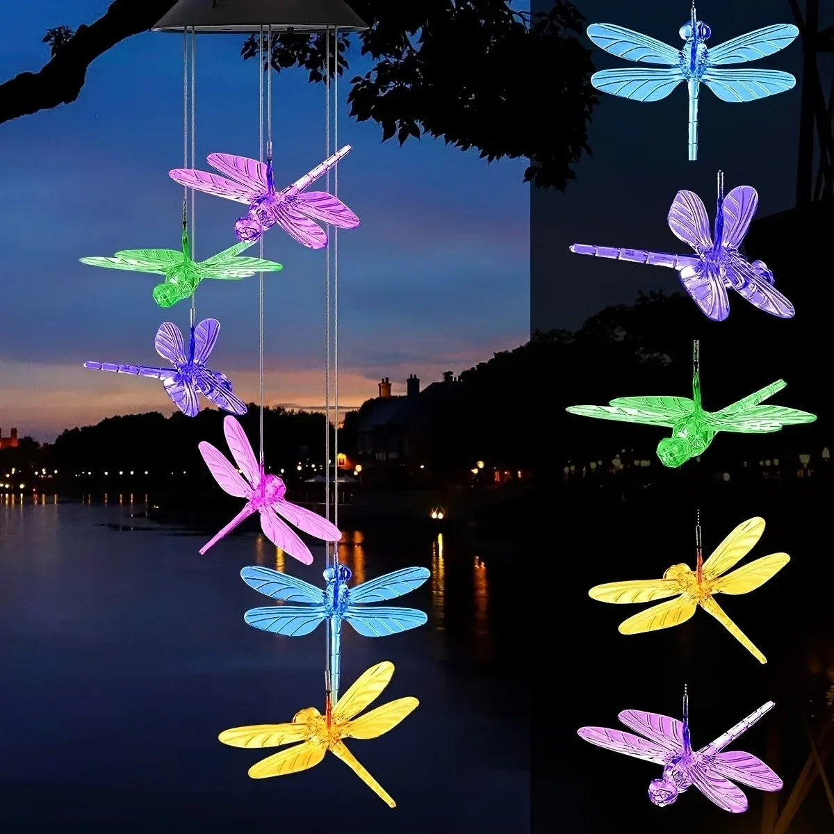 Un ensemble de carillons éolés à changement de couleur alimentés par énergie solaire, avec diverses formes de papillons irisa