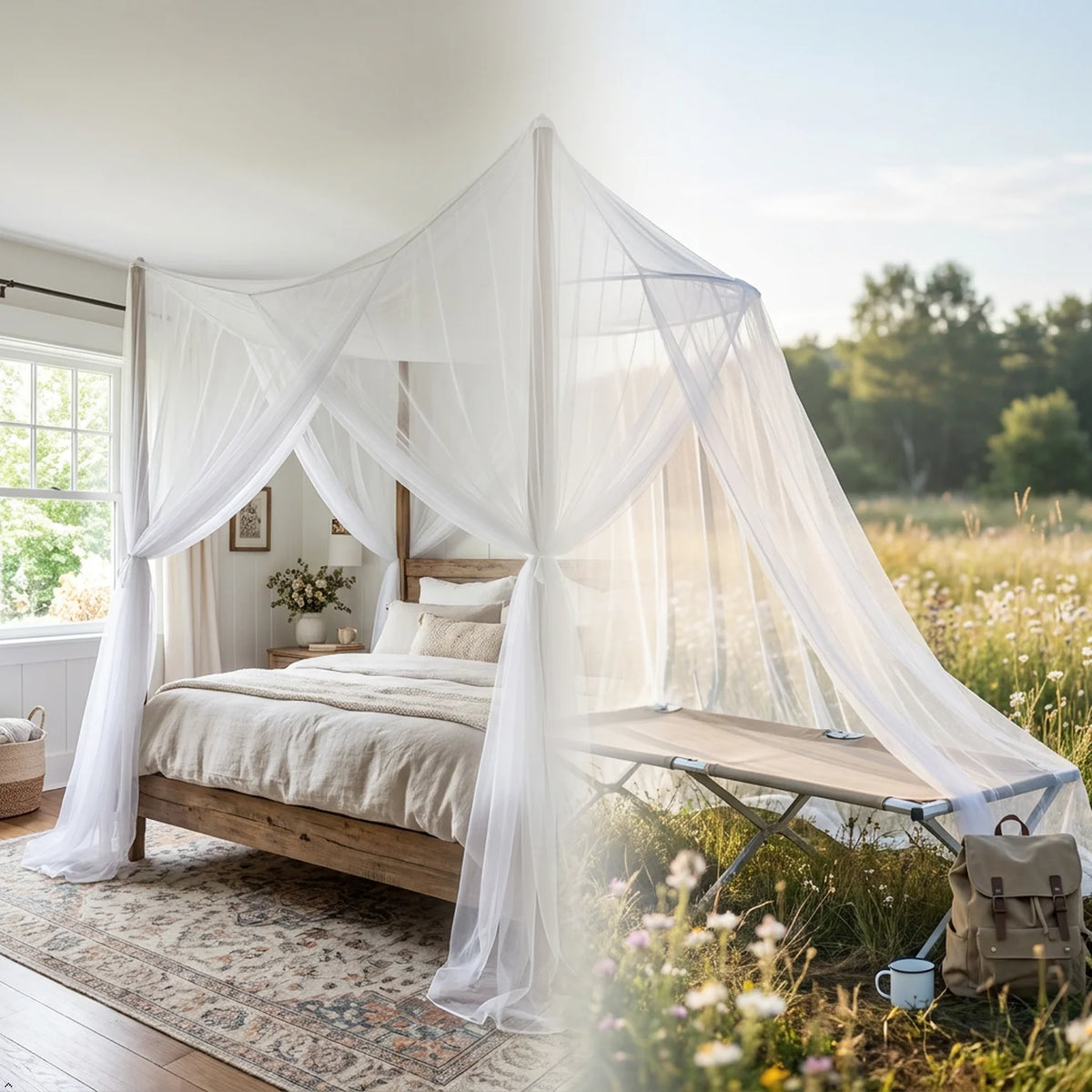 A bed canopy made of sheer white mosquito netting draped over a wooden bed in an outdoor setting.