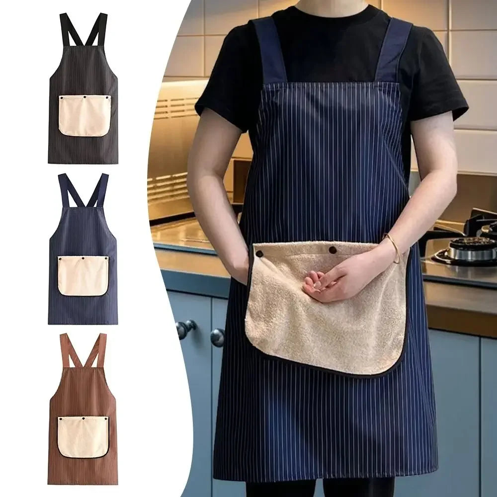 A woman wearing a dark blue striped apron with a removable beige towel pocket.