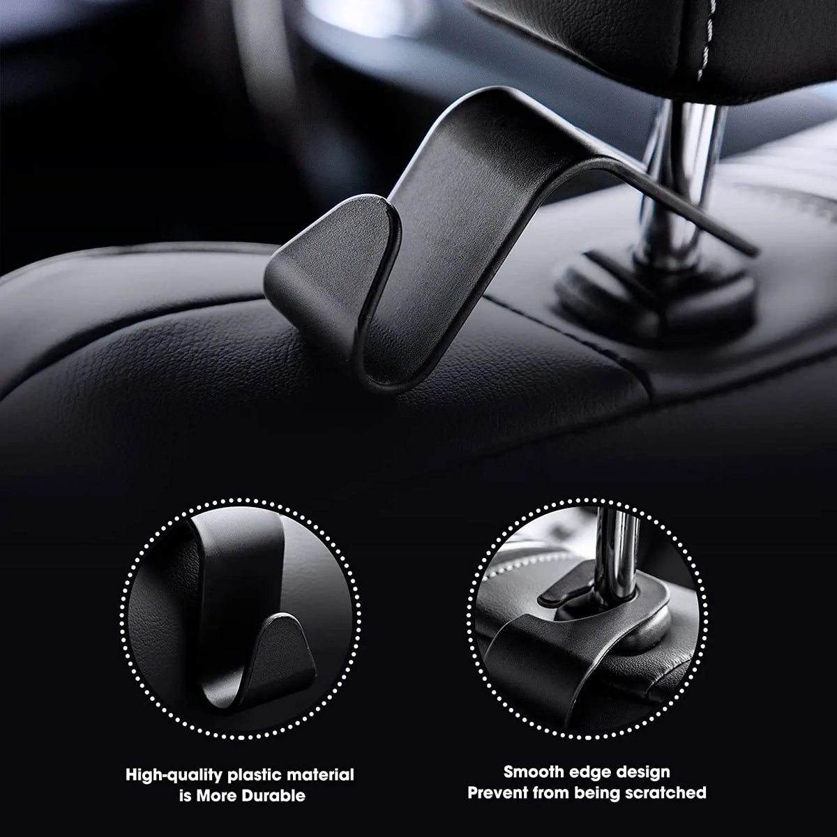 Close-up view of black car seat headrest hooks designed for organizing bags and belongings