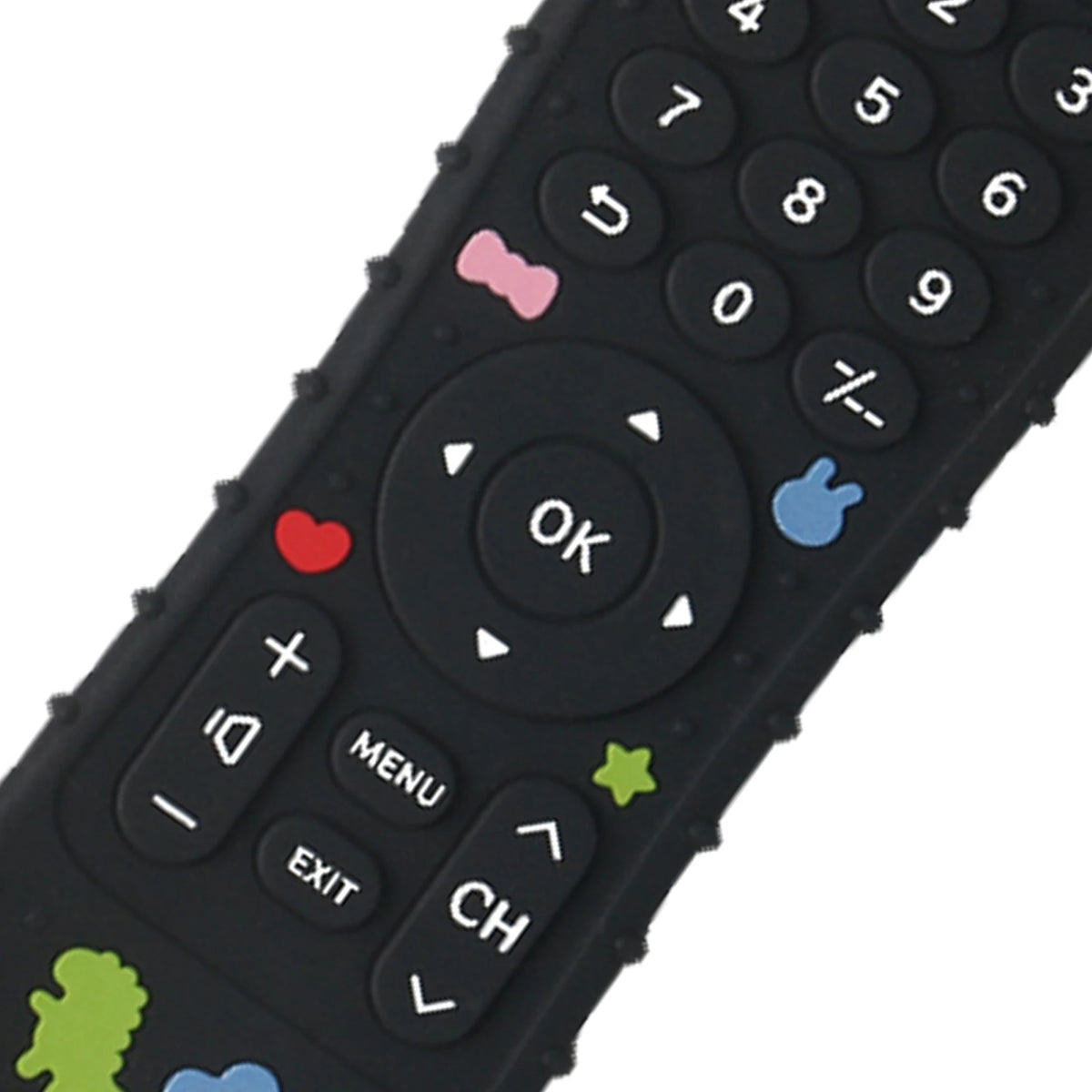 Close-up view of a black silicone baby teether toy with various buttons and shapes on the surface