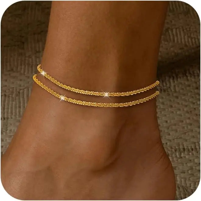 Layered Herringbone Anklet Set