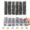 A clear plastic storage box containing multiple bundles of black wire staples for plastic bumper repair.