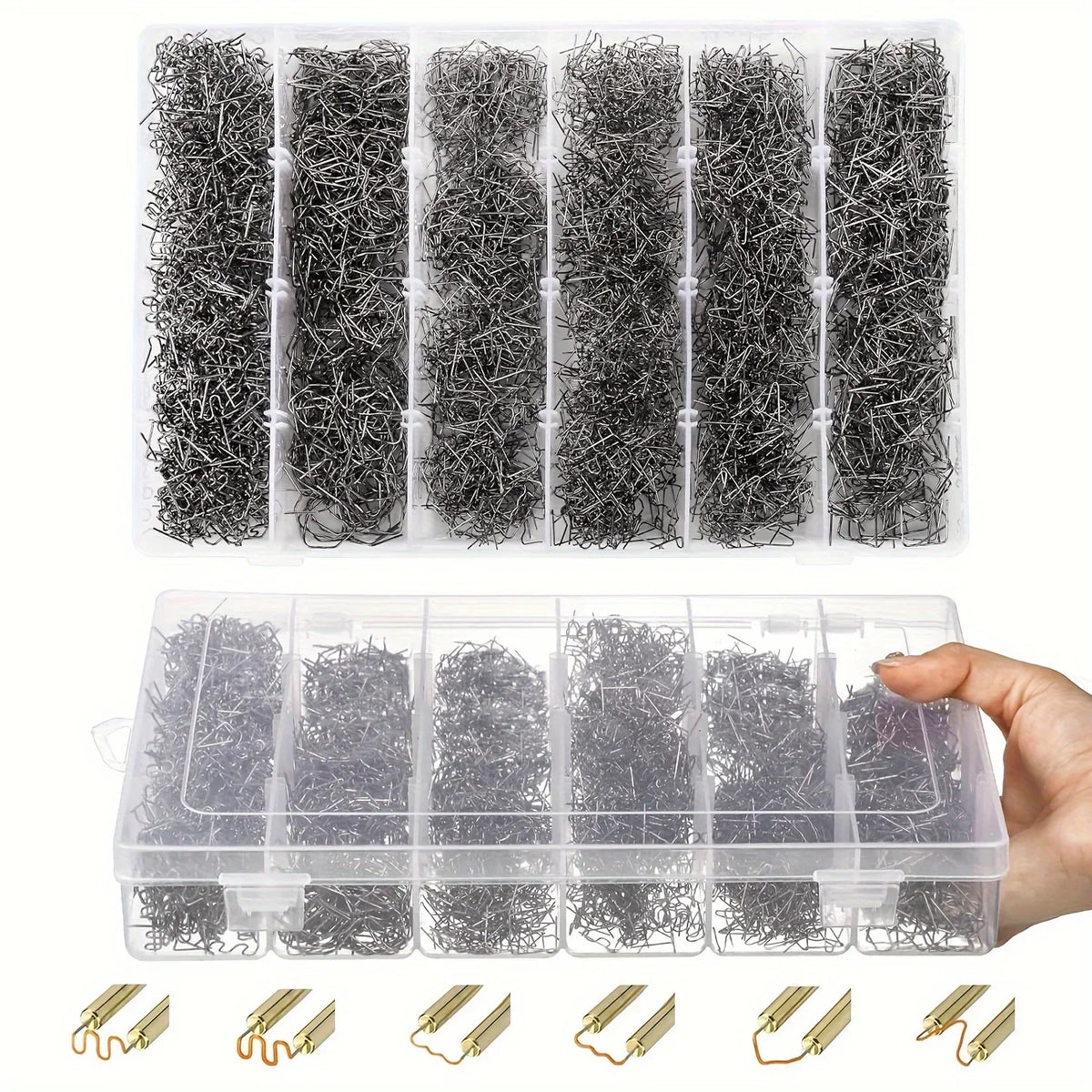 A clear plastic storage box containing multiple bundles of black wire staples for plastic bumper repair.