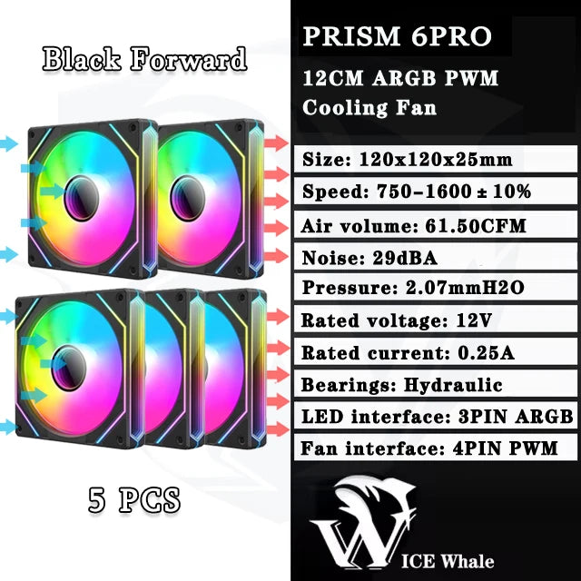 Schwarzer Forward Prism 6PRO 12cm ARGB PWM-Kühlventilator mit hydraulischen Lagern und LED-Schnittstelle