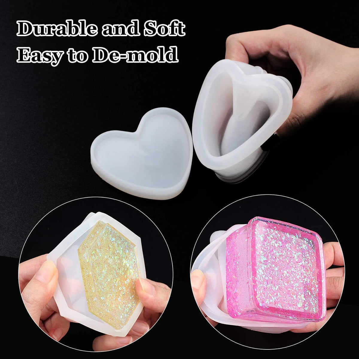 A hand holds a silicone jewelry box resin mold set with a lid, showing the clear and pink glitter molds.