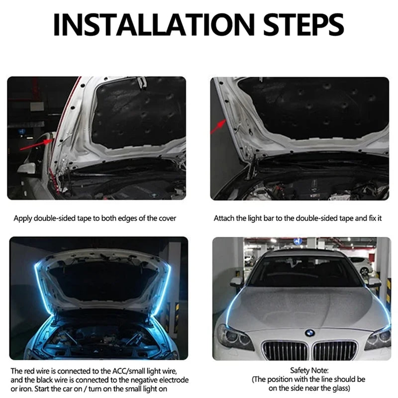 Installation steps for a 12V LED engine hood light strip with scan effect on a car.