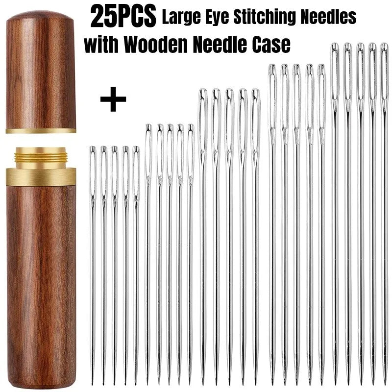 A set of 25 large eye stitching needles with a wooden needle case