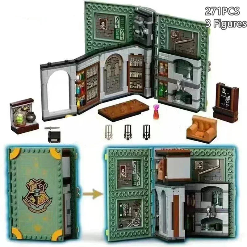 A set of 3 fantasy theme building blocks featuring a magical book and surrounding architectural elements.