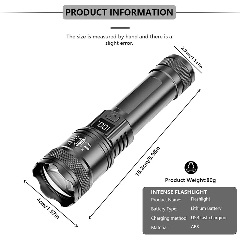 Rechargeable LED Flashlight with LCD Display and Zoom
