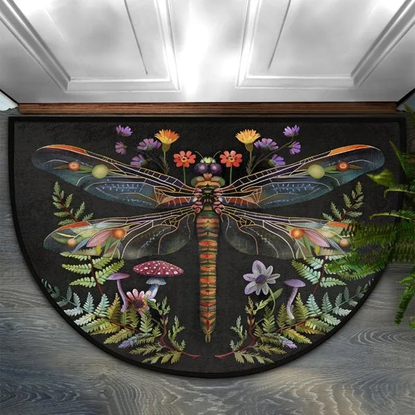 A half-round doormat featuring a dark background with colorful floral and dragonfly designs.