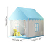 A light blue play tent shaped like a castle with a pitched roof and decorative netting for children.