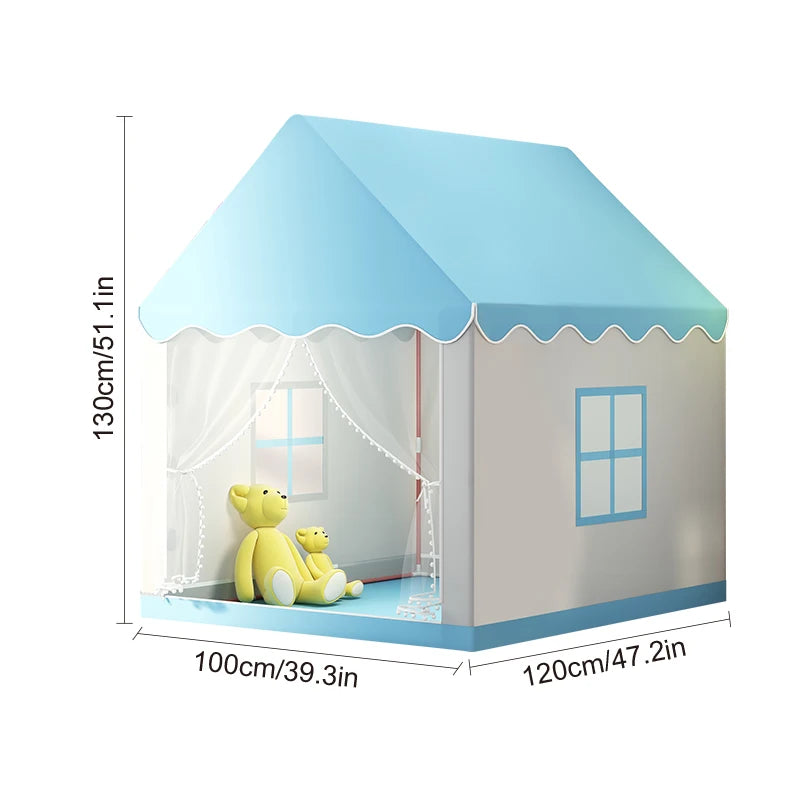 A light blue play tent shaped like a castle with a pitched roof and decorative netting for children.