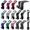 A collection of black car headrest hooks in various colors including pink, red, green, blue, and silver.