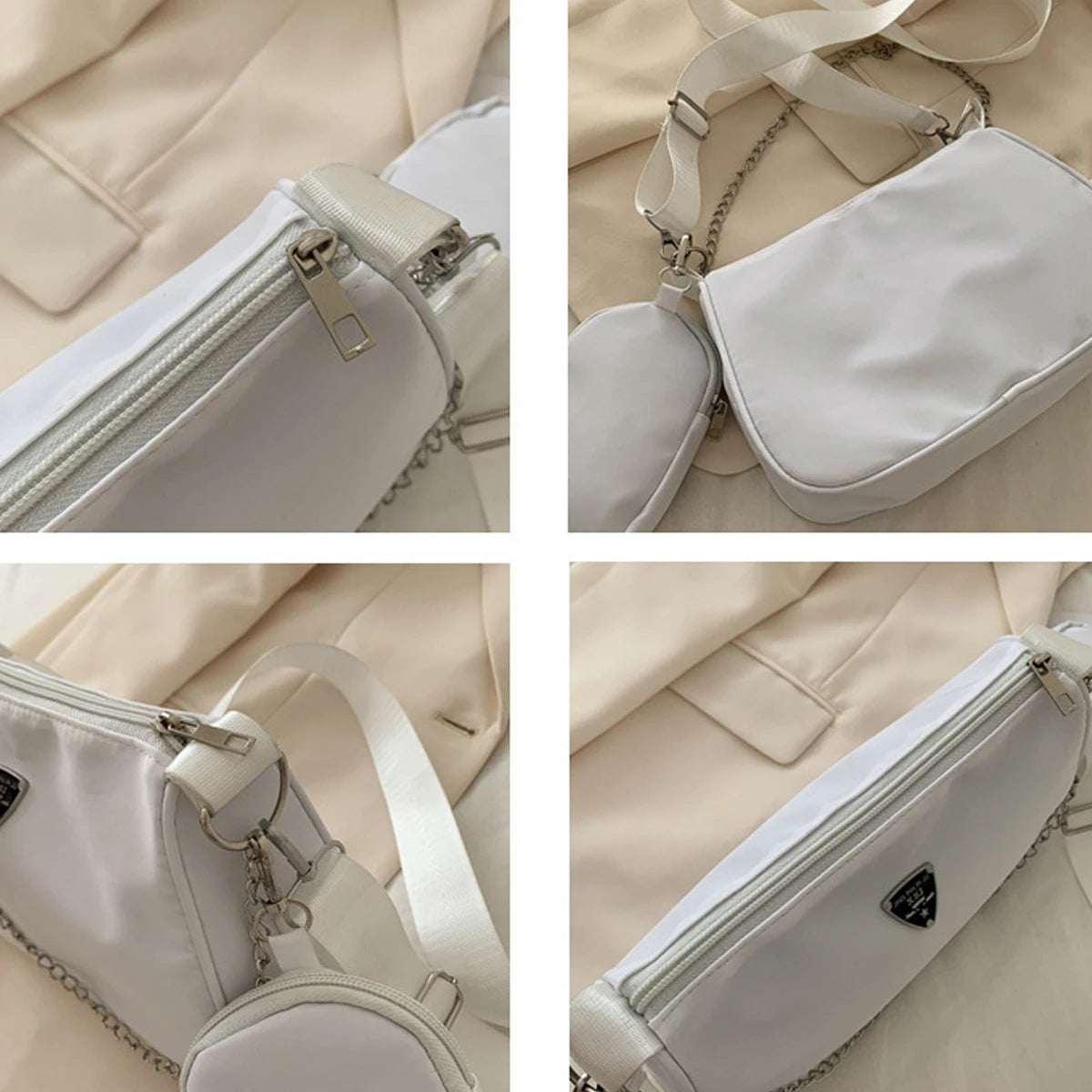 Gros plans d'un sac bandoulière en nylon blanc léger avec des pièces argentées et un tissu beige.