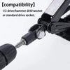 A close-up view of a black scissor jack adapter with a drive socket for drills and impact drivers.