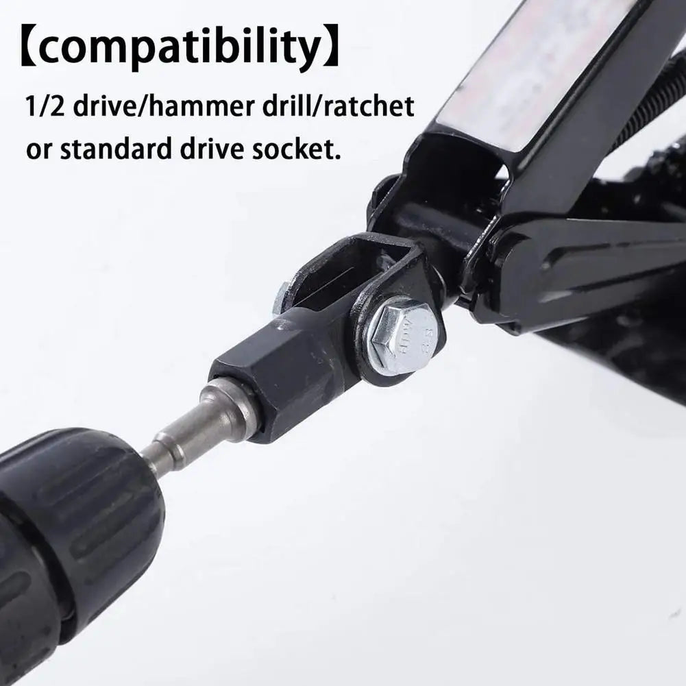 A close-up view of a black scissor jack adapter with a drive socket for drills and impact drivers.