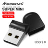 A black MicroData Super Mini USB 2.0 flash drive with a silver connector shown from above.