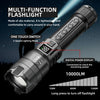 A black multi-function flashlight with a digital power display and a three-speed lighting mode is shown.