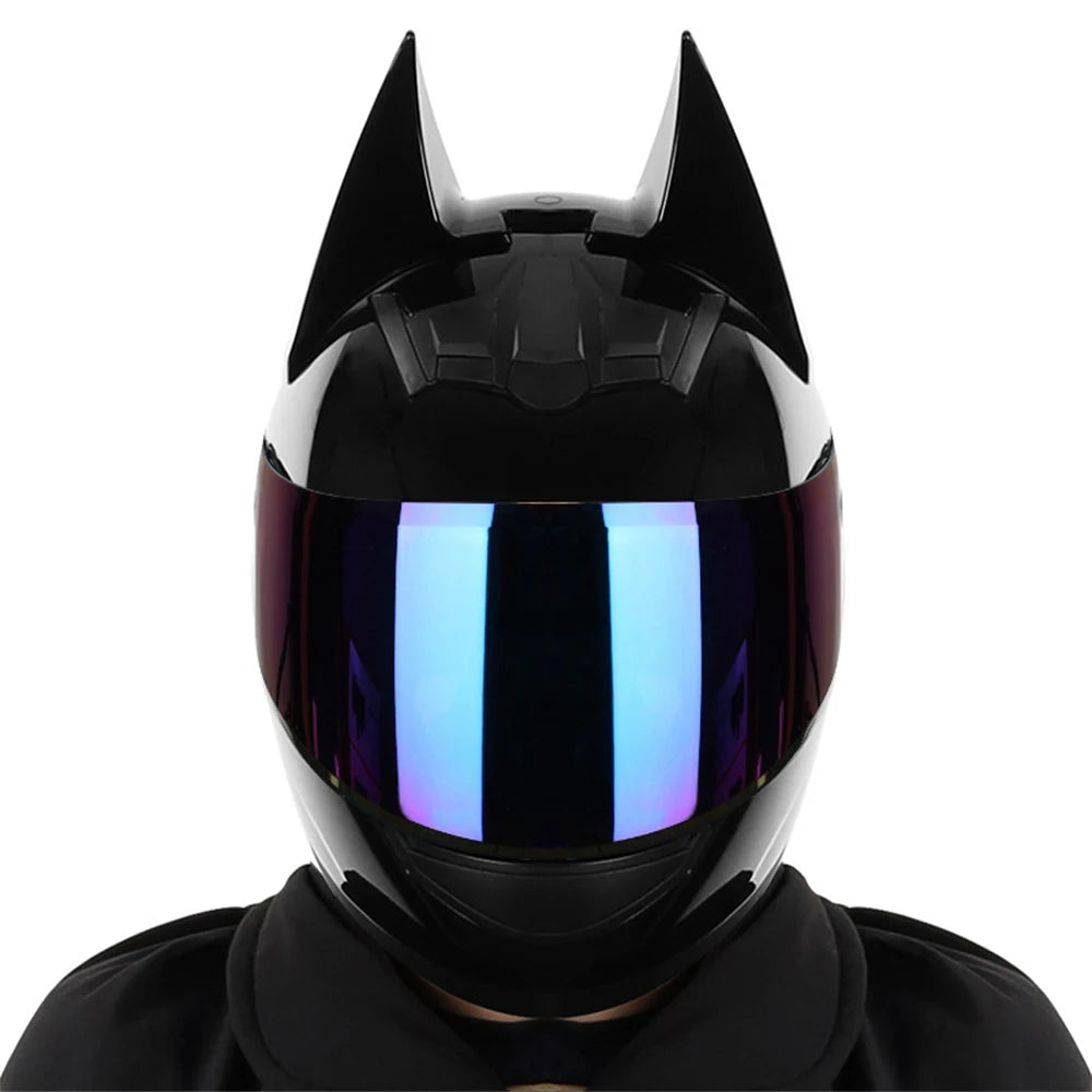Black Bat Ear full face motorcycle helmet with blue light visor