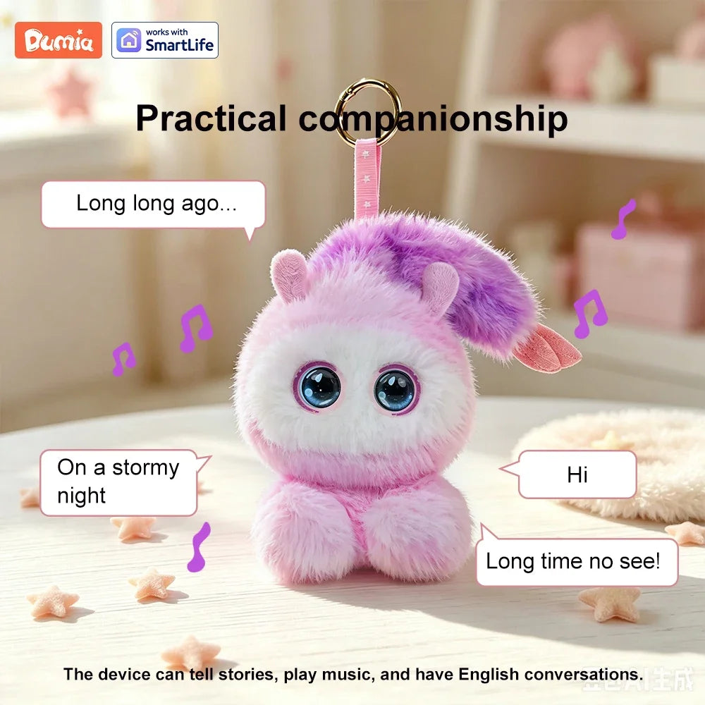 A pink plush robot companion with large blue LED eyes sitting on a white surface.