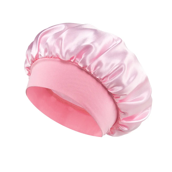 Pink satin sleep bonnet with a wide brim