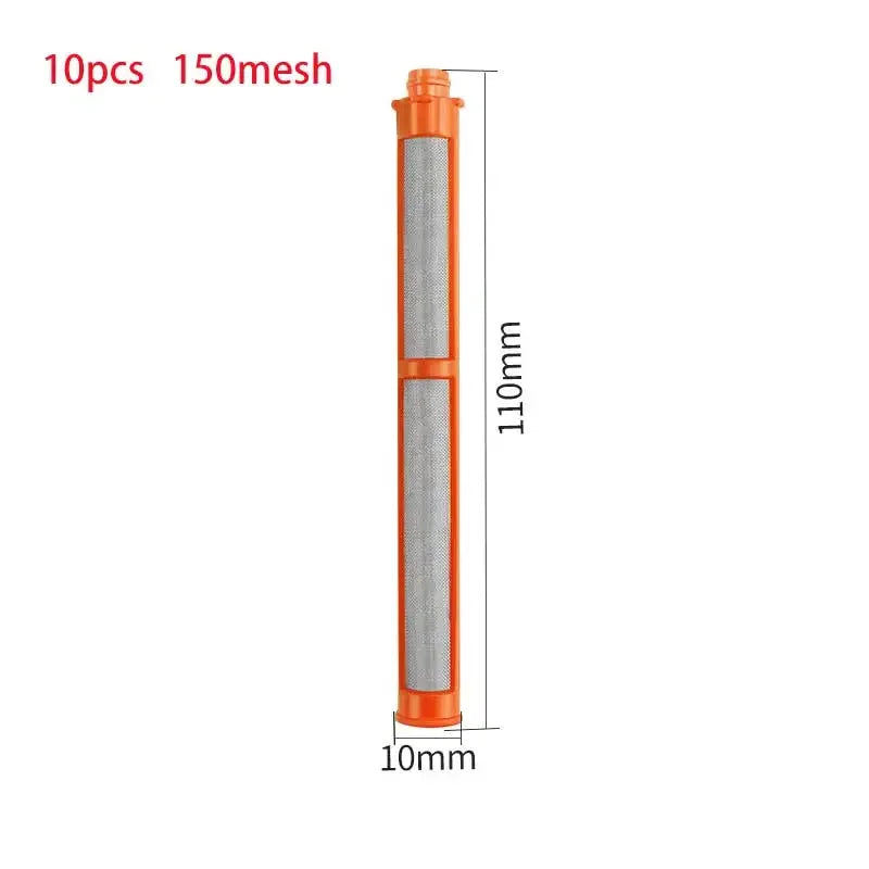 Ein Satz von 10 orangefarbenen zylindrischen Filtern mit 150 Maschen für eine luftlose Sprühmaschine.