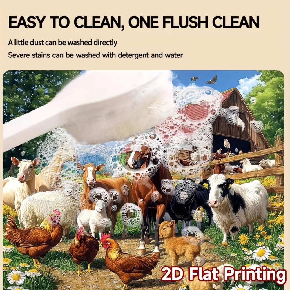 2D flat printing of various farm animals including goats, sheep, and chickens on a mat.