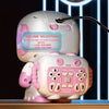 A white and pink interactive remote control robot with a light-up head and body, showing volume selection options.