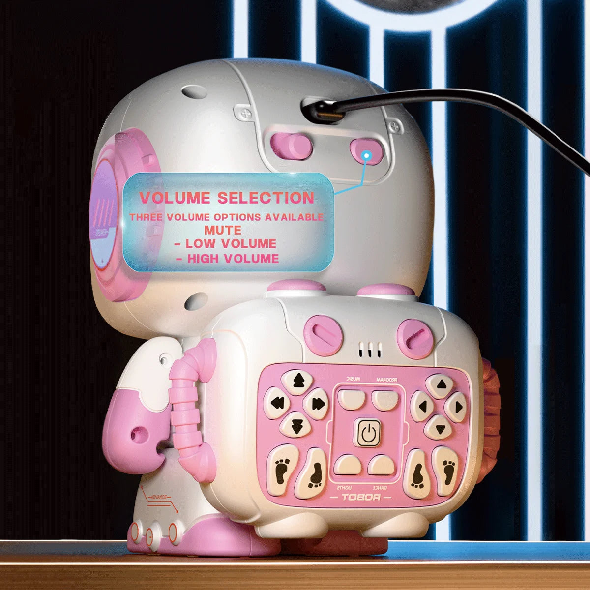 A white and pink interactive remote control robot with a light-up head and body, showing volume selection options.
