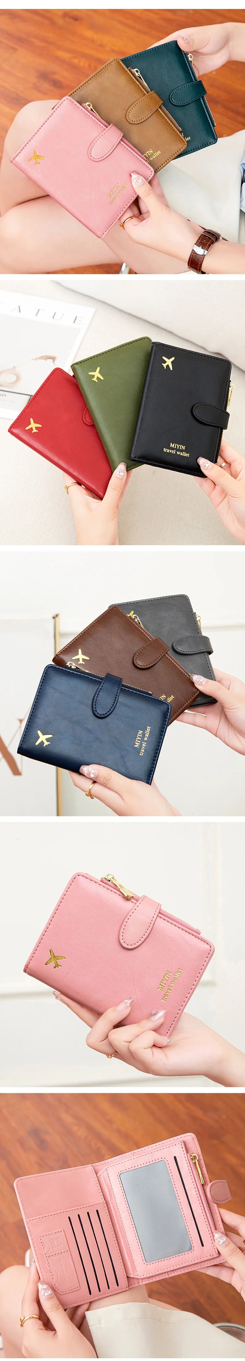 A collection of pink, green, and brown airplane pattern RFID-blocking passport wallets and card slots.