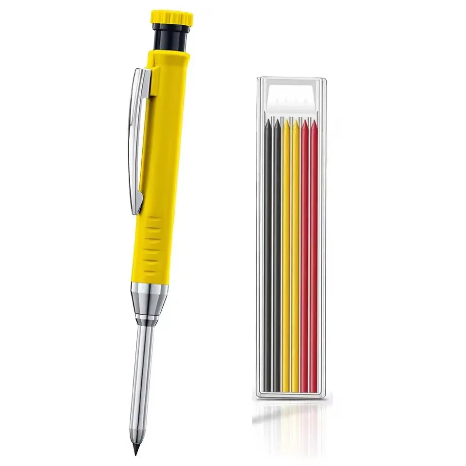 A yellow precision mechanical pencil with a silver tip and a clear plastic case containing multiple colored pencils.