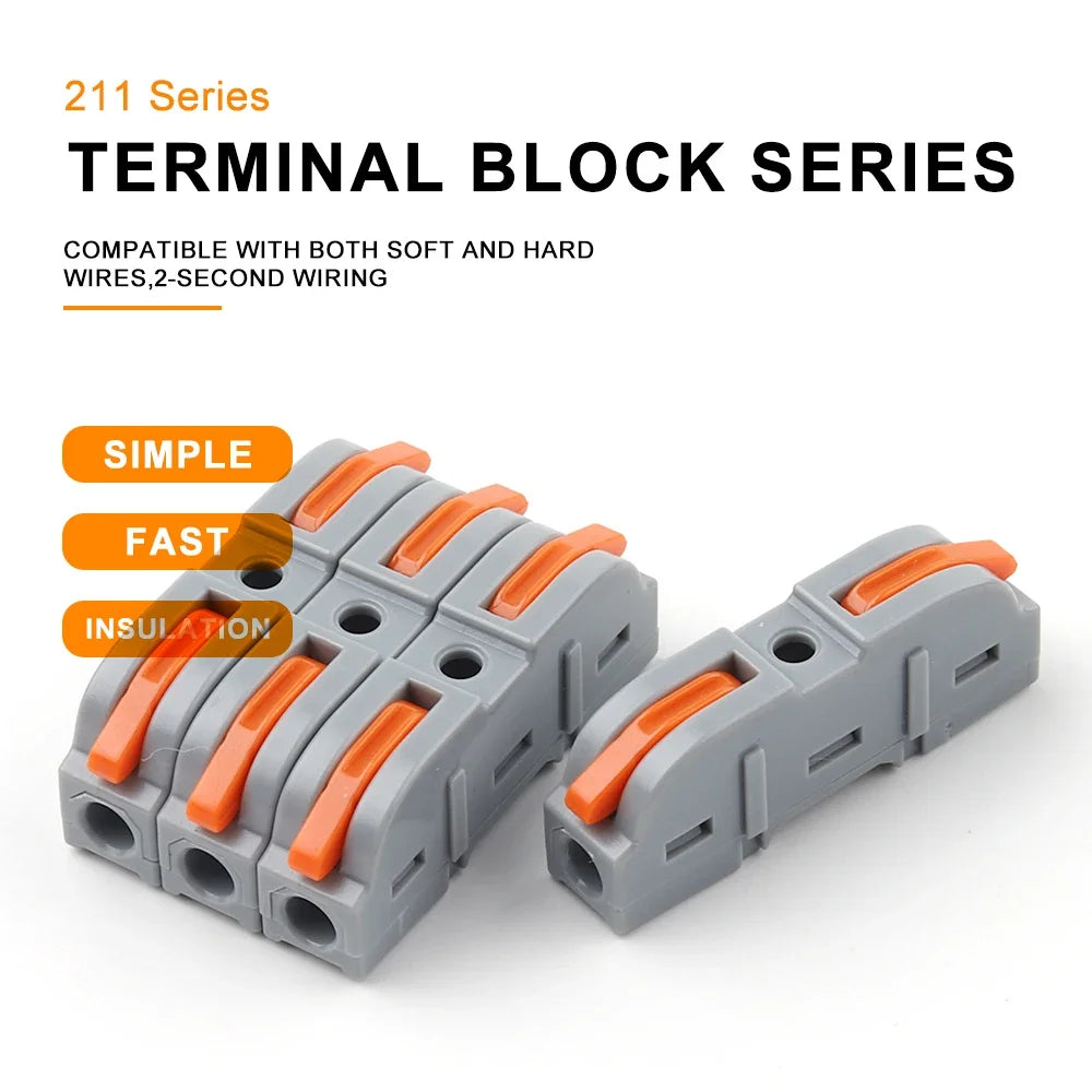 A set of gray lever wire connectors with orange insulation used for electrical connections.