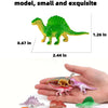 A set of ten realistic mini dinosaur figurines, including a T-Rex and various other dinosaurs, displayed in a hand.