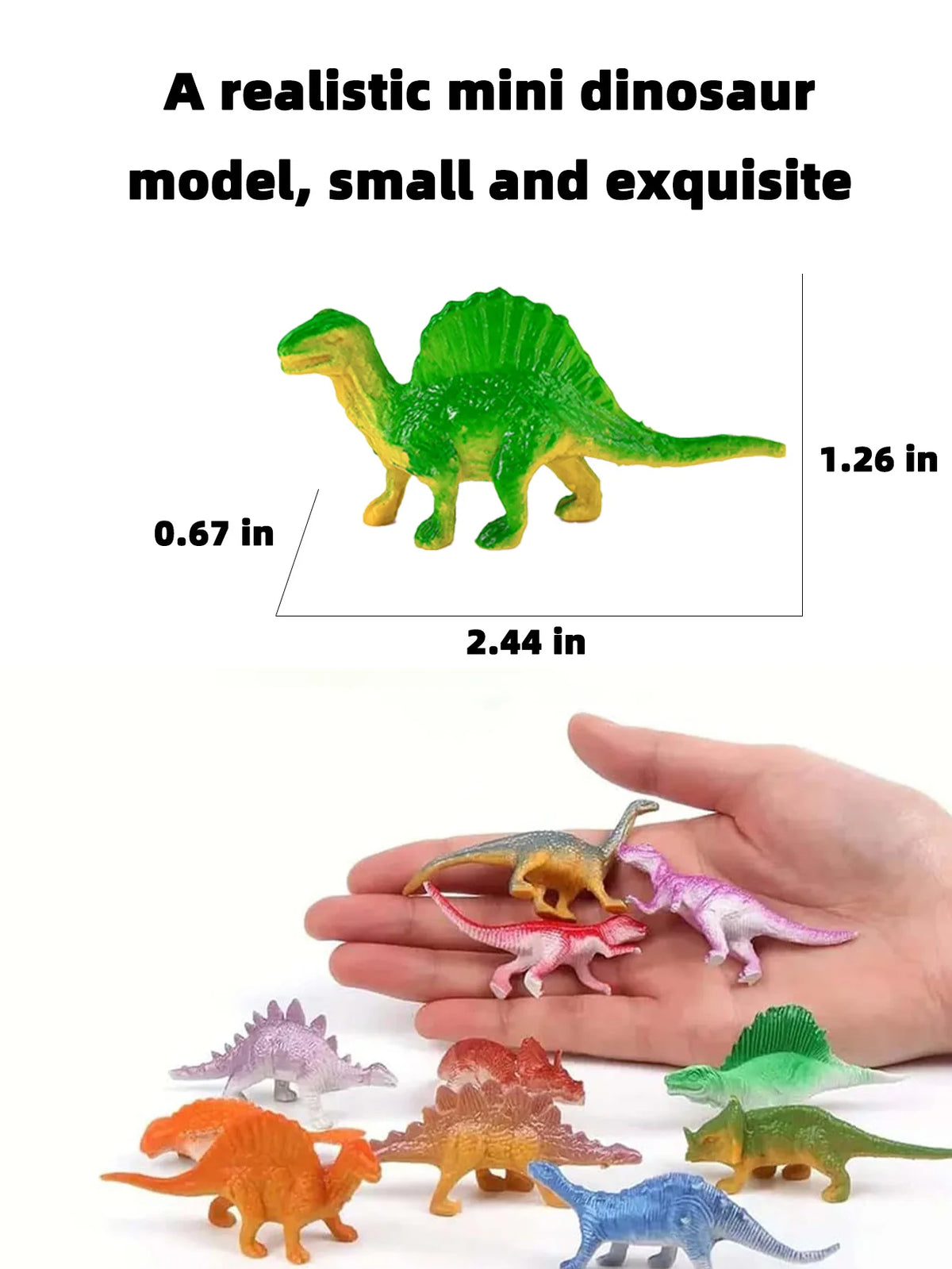 A set of ten realistic mini dinosaur figurines, including a T-Rex and various other dinosaurs, displayed in a hand.