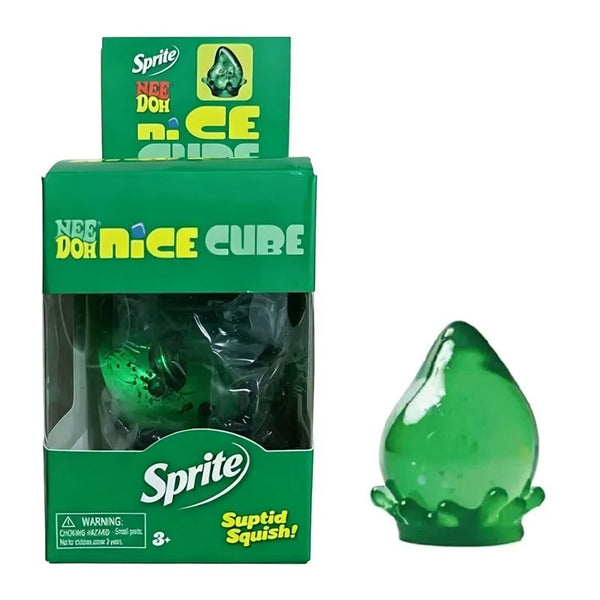 A box and a green cube shaped stress relief toy from Sprite Nee Doh Nice Cure